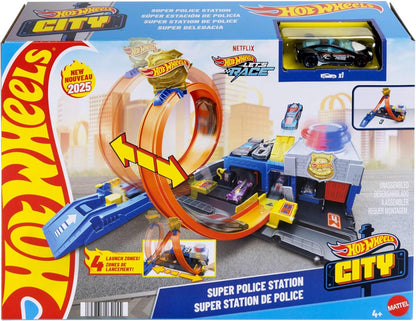 Conjunto de Pista de Carrinhos Hot Wheels, Super Delegacia de Polícia com Veículo Die-Cast em Escala 1:64, Circuito Ajustável para Diversas Maneiras de Correr e Fazer Acrobacias, JBM71