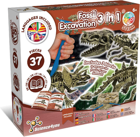 Science4you Dinosaur Fossil Excavation 3 em 1 para crianças - Kit de escavação de fósseis de dinossauros, T-Rex e Triceratops e Stegosaurus - Monte 3 dinossauros, conjunto de arqueologia