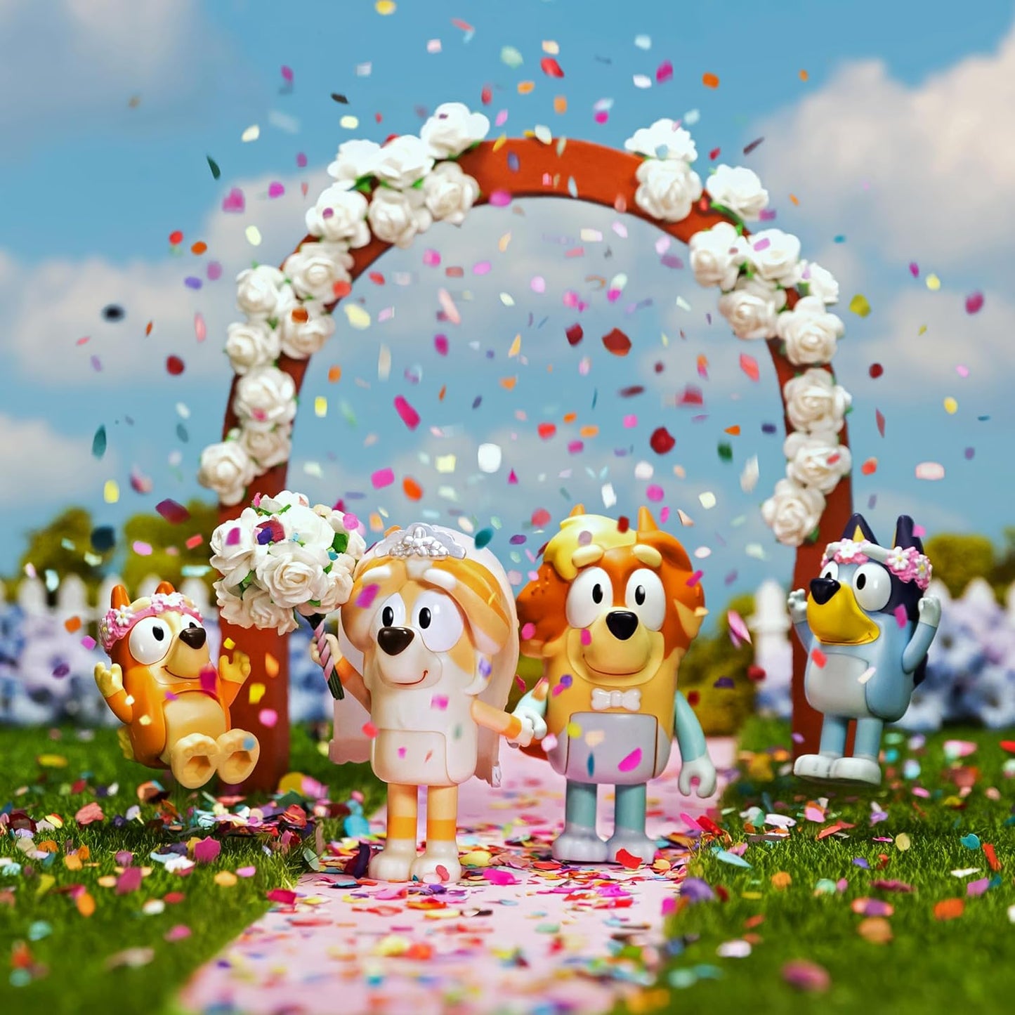 Bluey Figura 4-Pack Wedding Time, Reencenação do Dia do Casamento do Tio Rad e Frisky e Figuras da Florista do Bingo, Branco