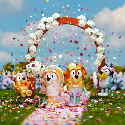Bluey Figura 4-Pack Wedding Time, Reencenação do Dia do Casamento do Tio Rad e Frisky e Figuras da Florista do Bingo, Branco