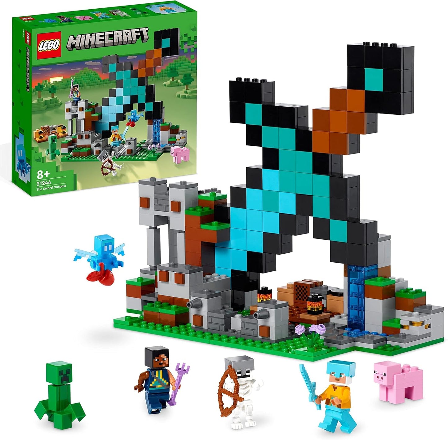 LEGO 21244 Minecraft The Sword Outpost Building Toy para crianças, com figuras de trepadeira, soldado, porco e esqueleto, presente para meninos e meninas com mais de 8 anos 21244