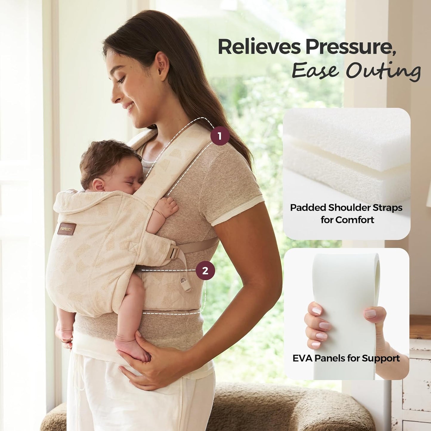 Momcozy Canguru para recém-nascido WeeSnug - Leve e aconchegante para bebês de 3,2 a 11,3 kg, com suporte ergonômico cruzado nas costas, tecido jacquard, canguru para bebês com mãos livres e suporte lombar, design geométrico.