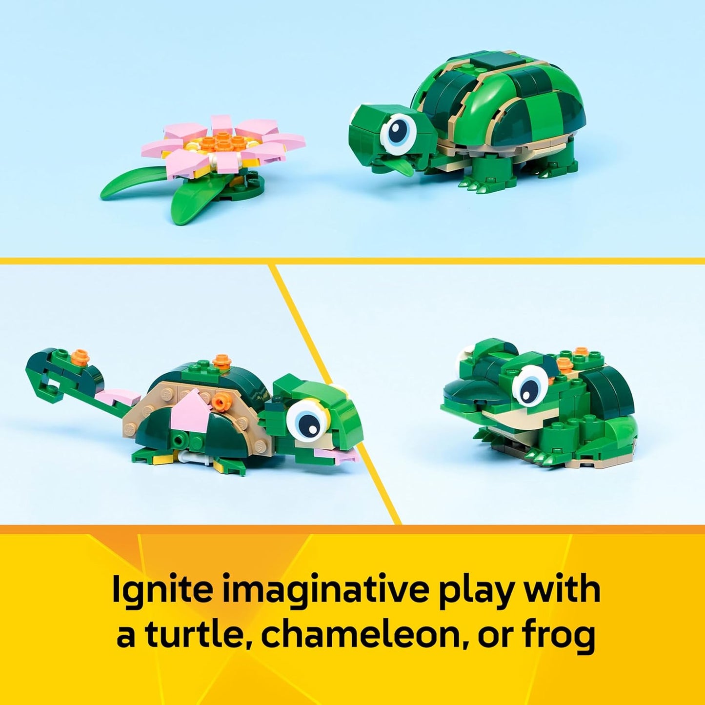 LEGO Creator Tartaruga 3 em 1 com Flor de Lírio-d'água - Figura de Animal que se Transforma em Camaleão ou Sapo - Ideia de Decoração de Mesa DIY - Presente de Aniversário para Meninas e Meninos a partir de 7 Anos - 31377