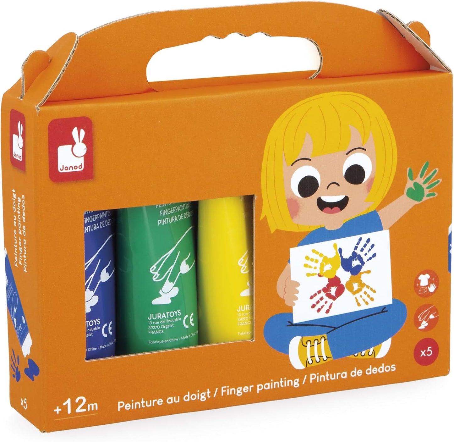 Janod - Pincéis - 4 tamanhos diferentes - Pincéis, Janod - Tintas para dedos para bebês a partir de 1 ano, Janod - Paleta de tinta à base de água - 12 almofadas e pincel, Janod - Avental de pintura infantil a partir de 18 meses