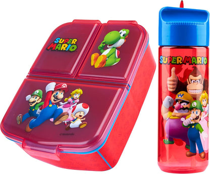Super Mario Kids Lunchbox with Compartments & Water Bottle, School, Day Trips
