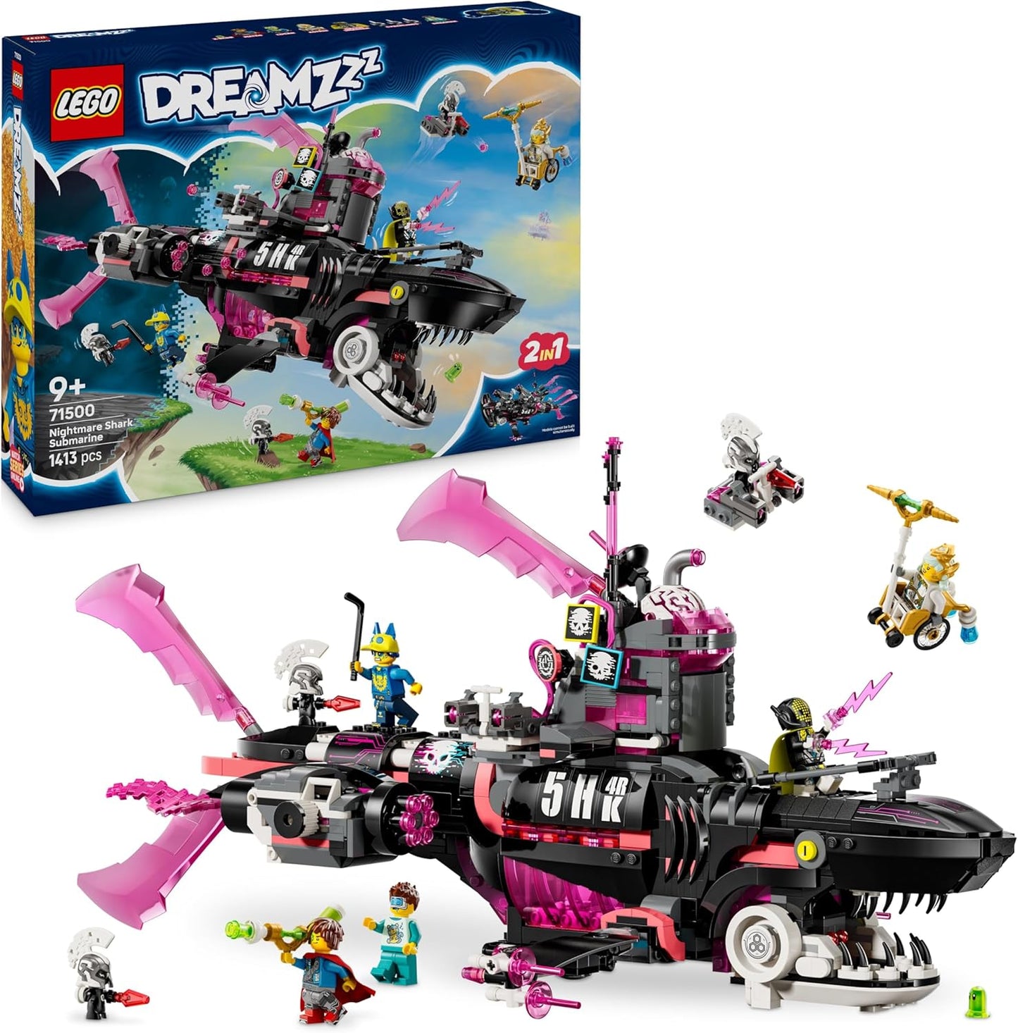LEGO DREAMZzz 2 em 1 Nightmare Shark Submarino - Conjunto Modular com 2 Opções de Construção, 2 Aviões Destacáveis e 5 Minifiguras, incluindo Mateo e Astrid - Presente Criativo para Meninos e Meninas a partir de 9 Anos - 71500