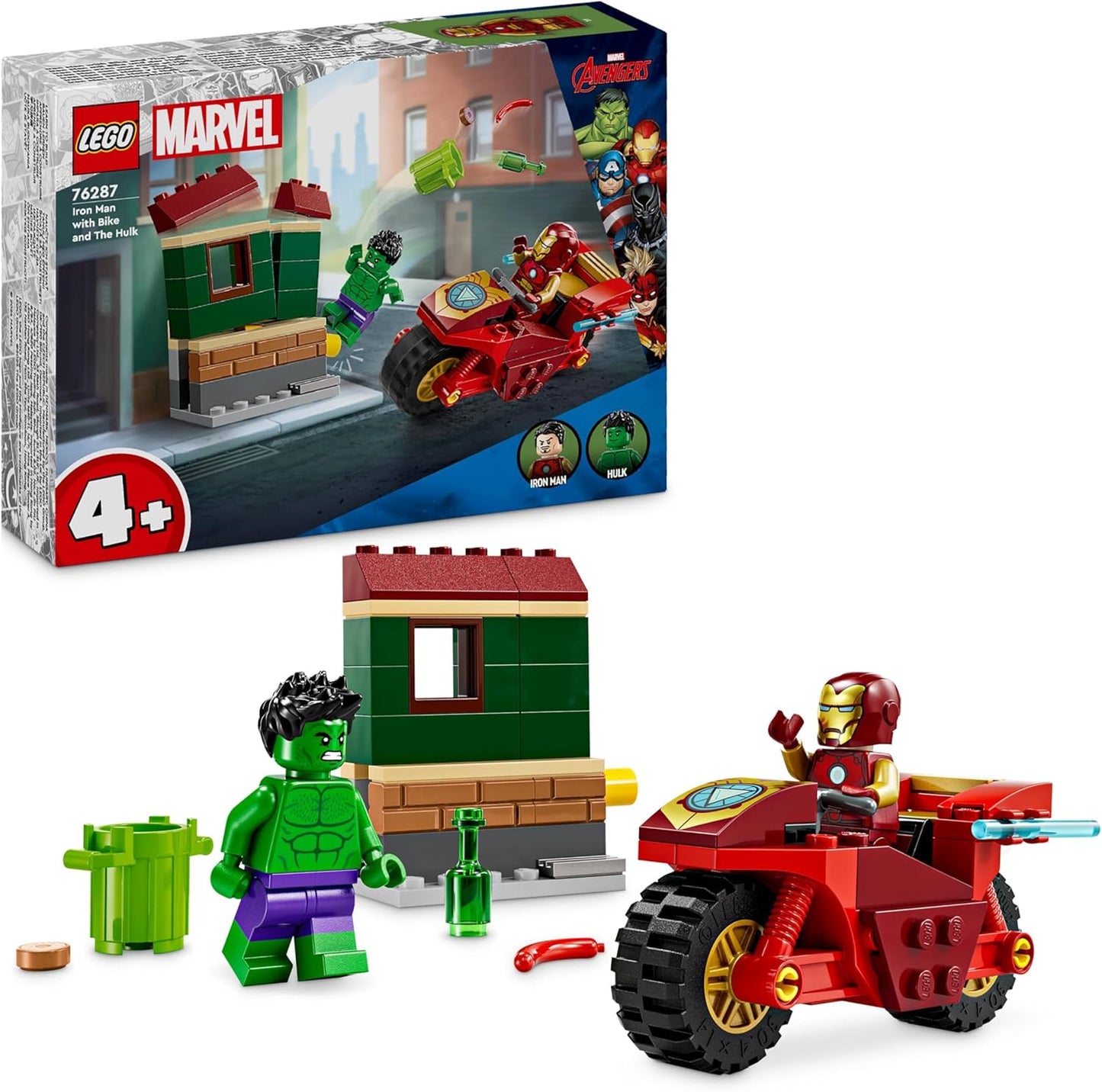 LEGO Marvel Homem de Ferro com bicicleta e Hulk, brinquedo de construção de super-herói para crianças, conjunto colecionável com veículo e minifiguras, presente para meninos e meninas de 4 anos ou mais
