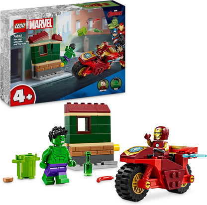 LEGO Marvel Homem de Ferro com bicicleta e Hulk, brinquedo de construção de super-herói para crianças, conjunto colecionável com veículo e minifiguras, presente para meninos e meninas de 4 anos ou mais