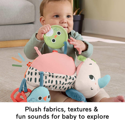 Fisher-Price Brinquedo para recém-nascidos Planet Friends: Rinoceronte de pelúcia que brinca de bruços com atividades sensoriais para bebês a partir de 0 meses, HYR55