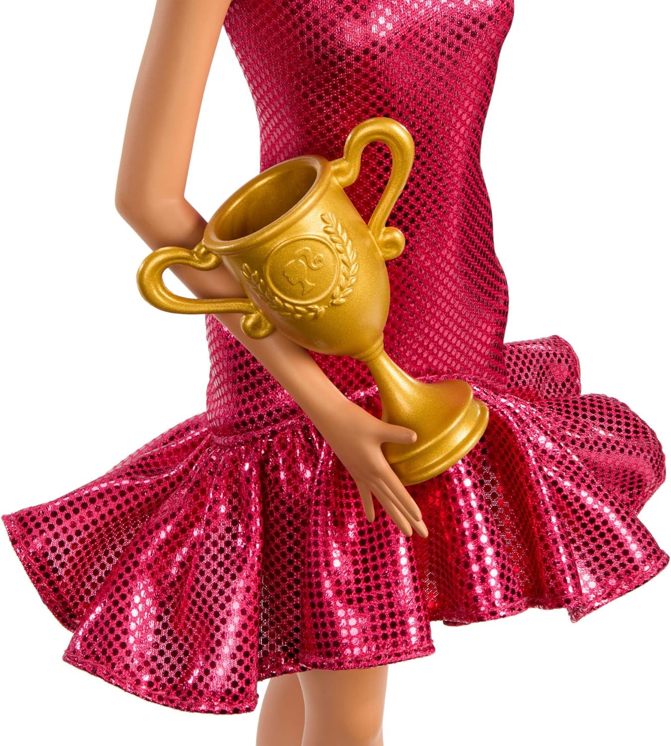 Barbie Boneca Dançarina de Salão com Vestido Vermelho com Babados, Sapatos de Dança, Cabelo Castanho Estilizado e Acessório de Troféu de Dança.