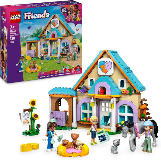 LEGO Conjunto de clínica veterinária para cavalos e animais de estimação Friends para crianças, brinquedo de dramatização de animais com minibonecos de 3 personagens, além de figuras de gatos e cachorros