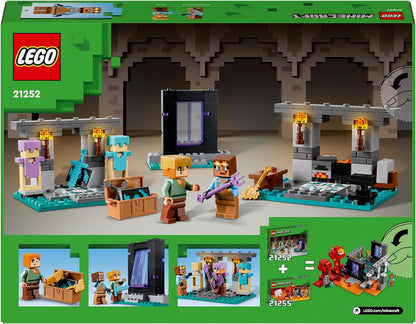 LEGO Minecraft The Armory Building Toys para crianças, meninos e meninas a partir de 7 anos, apresentando figuras de personagens, incluindo Alex com uma espada de diamante, conjunto de armas, presentes de dramatização para jogadores 21252