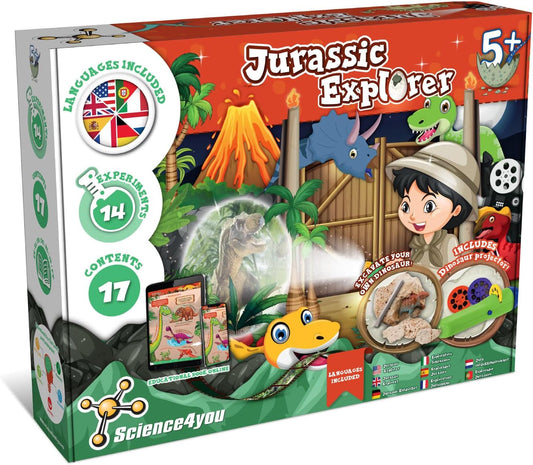 Science4you Jurassic Explorer - Brinquedo de dinossauro para meninos e meninas de 4, 5 e 6 anos ou mais, Kit de ciências com mais de 24 experimentos e artesanatos para crianças: ovo, figura, vulcão, fósseis - presente para crianças