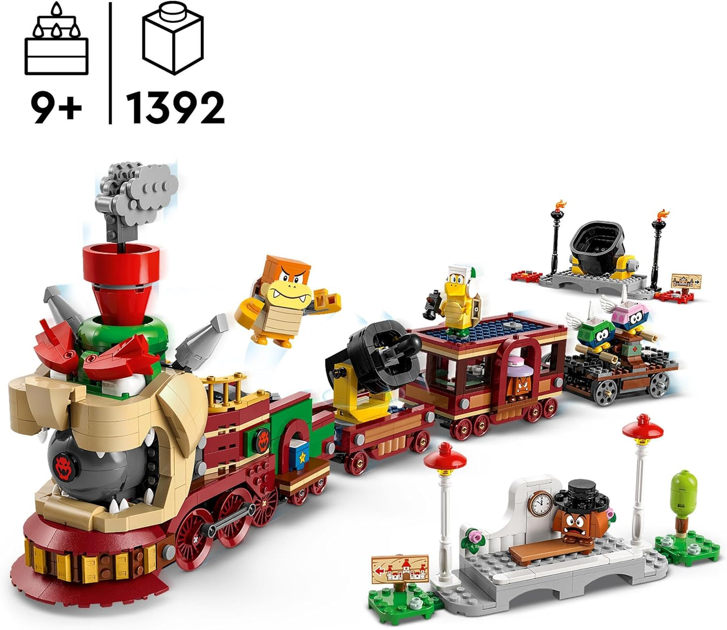 LEGO Super Mario The Bowser Express Train Toy, conjunto de aventura para meninos e meninas de 9 anos ou mais, com 6 figuras de personagens, incluindo. um Hammer Bro e 2 Goombas, presente criativo para crianças gamers