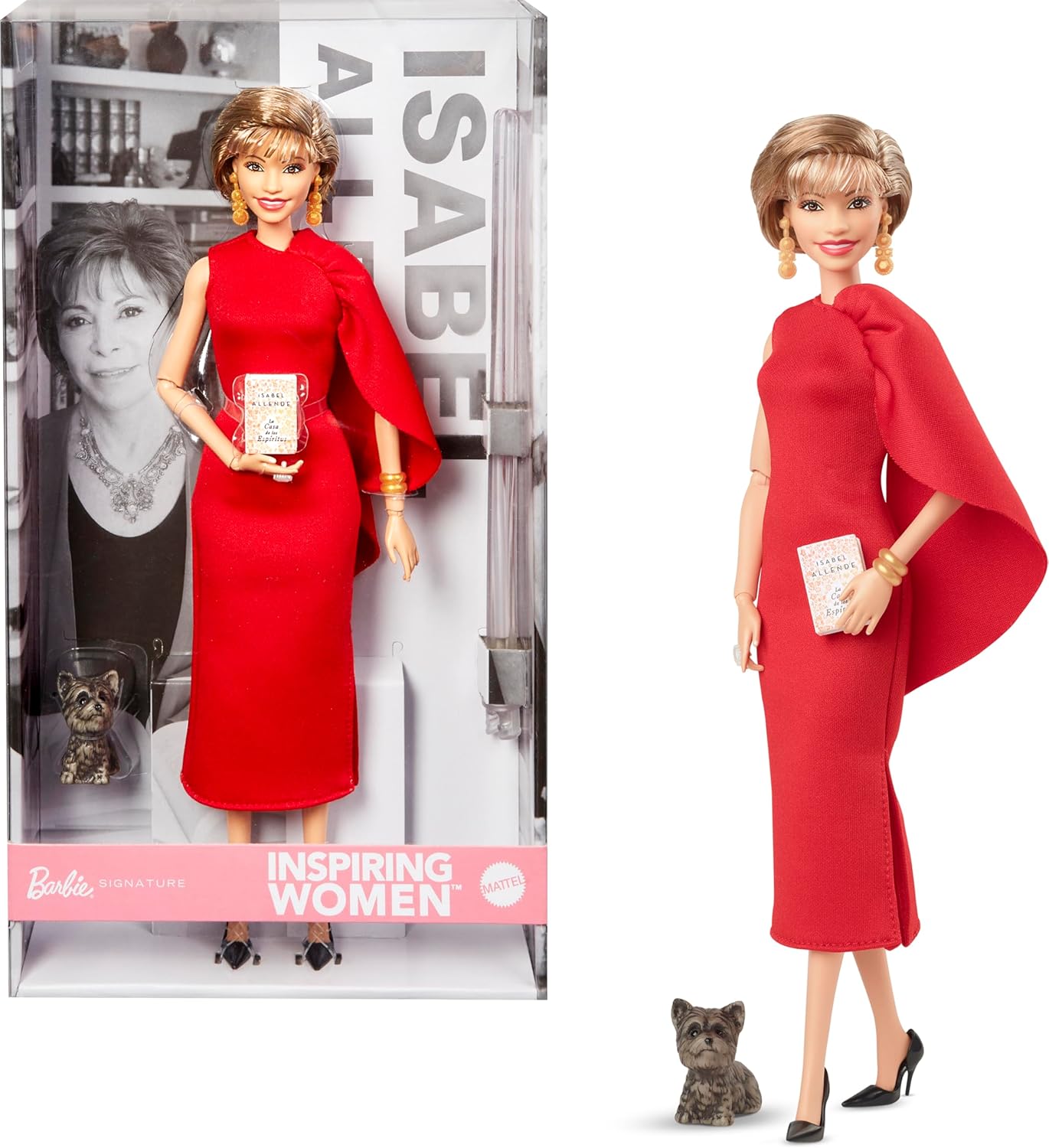 Barbie Boneca Inspiradora Isabel Allende, Colecionável, com Vestido Vermelho, Livro e Animal de Estimação, HRM45