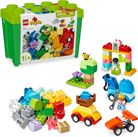 LEGO 10439 DUPLO Classic Cars and Trucks Brick Box Brinquedos de aprendizagem para crianças, apresenta um carro de corrida e brinquedo de caminhão para meninos e meninas de 18 meses,