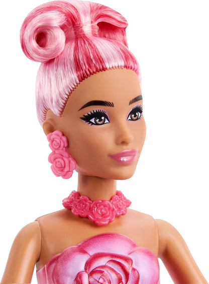 Barbie Petal Pop Boneca Perfumada com Vestido de Rosas e Acessórios, Revelação de Buquê com Coelhinho de Estimação e Surpresas como Regador, Colar e Brincos, JMF59