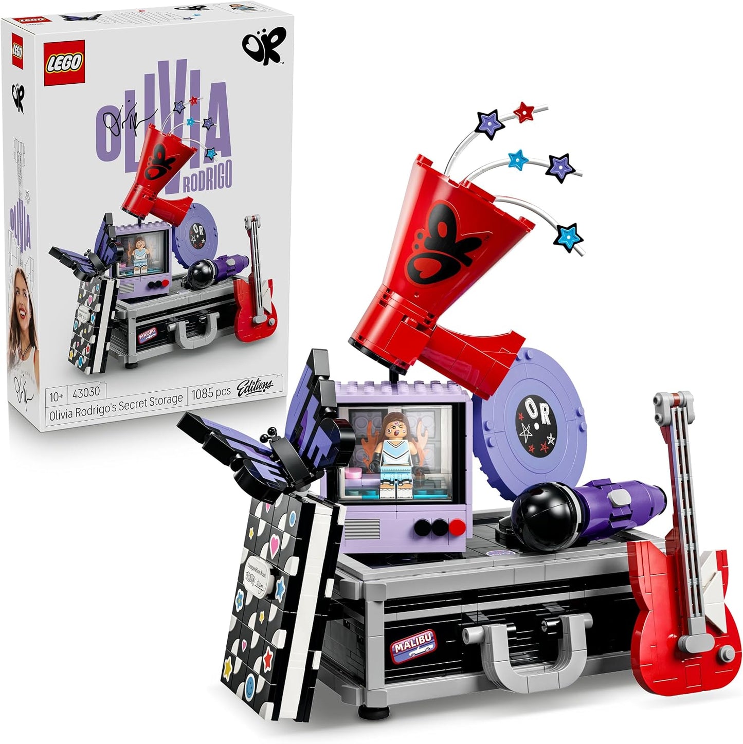 LEGO Olivia Rodrigo – O Esconderijo Secreto – Brinquedo com Maleta, Microfone, Disco, Megafone, TV e Minifigura – Decoração para Quarto Infantil – Presente Musical para Meninas a partir de 10 Anos e Fãs – 43030