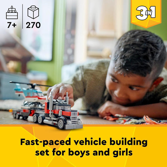 LEGO Criador de caminhão-plataforma 3 em 1 com brinquedo de helicóptero para avião a hélice e caminhão de combustível para brinquedos Hot Rod e carros SUV para meninos, meninas e crianças de mais de 7 anos que amam veículos legais, ideia de presente 31146