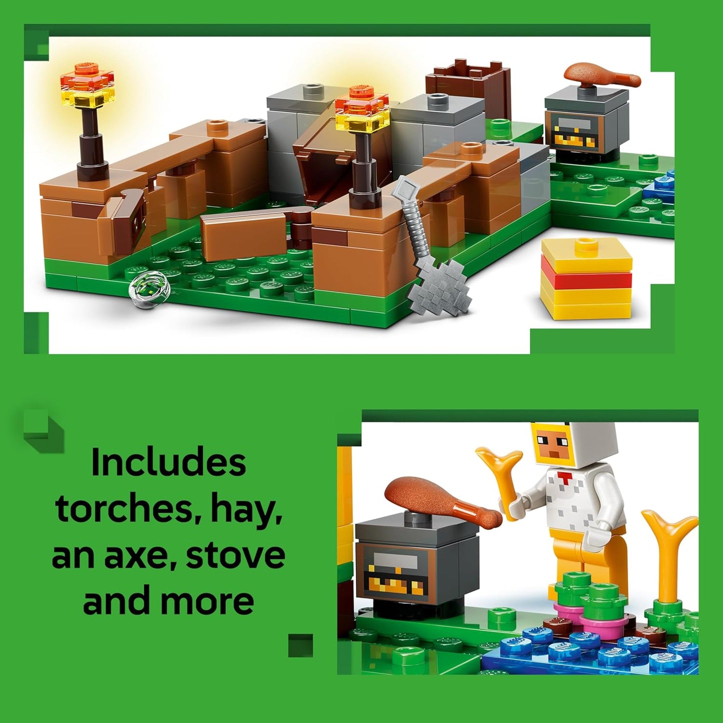 LEGO Minecraft Fazenda de Galinhas - Brinquedo de Construção com Minifigura de Galinha Fã, Zumbi Bebê e Raposa - Presente para Jogadores a partir de 7 Anos - 21585