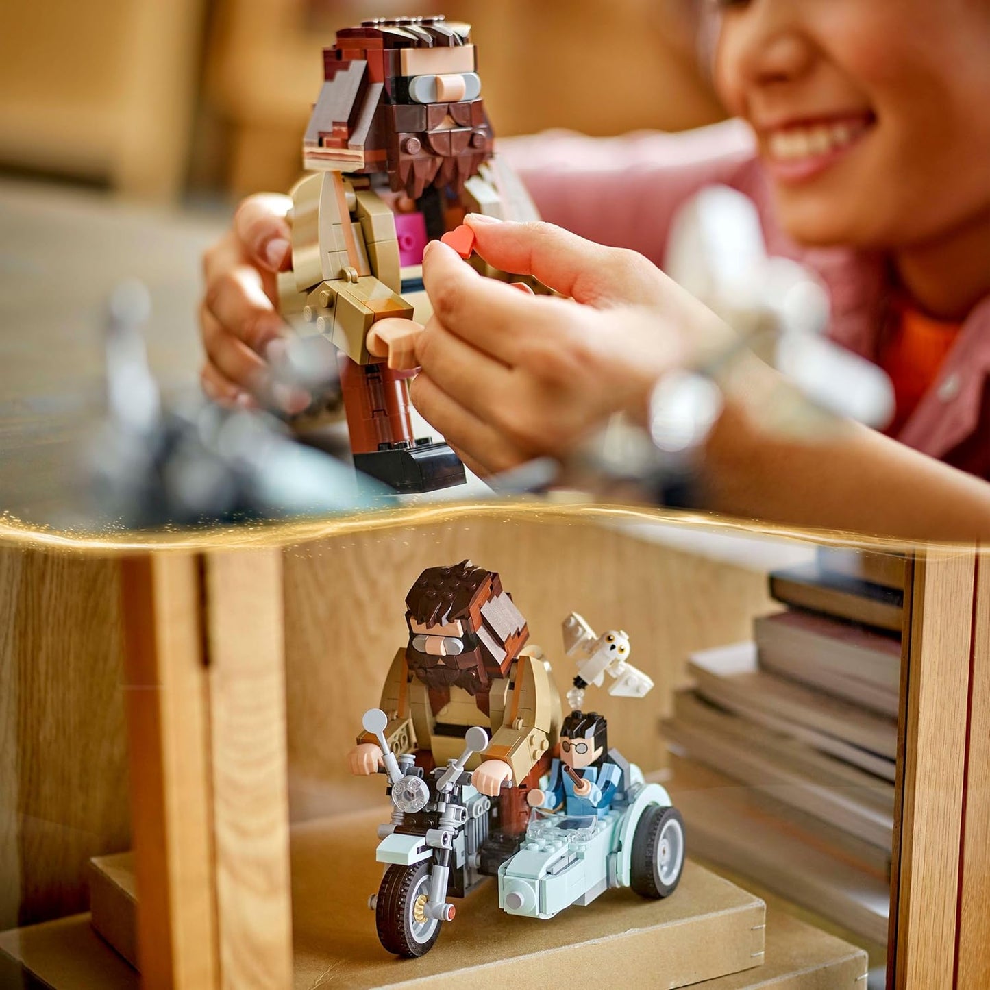 LEGO 76443 Harry Potter Hagrid e Harry's Motorcycle Ride, brinquedo de motocicleta móvel construído em tijolos com sidecar e figura de Edwiges, exibição de presente de aniversário para fãs do mundo mágico