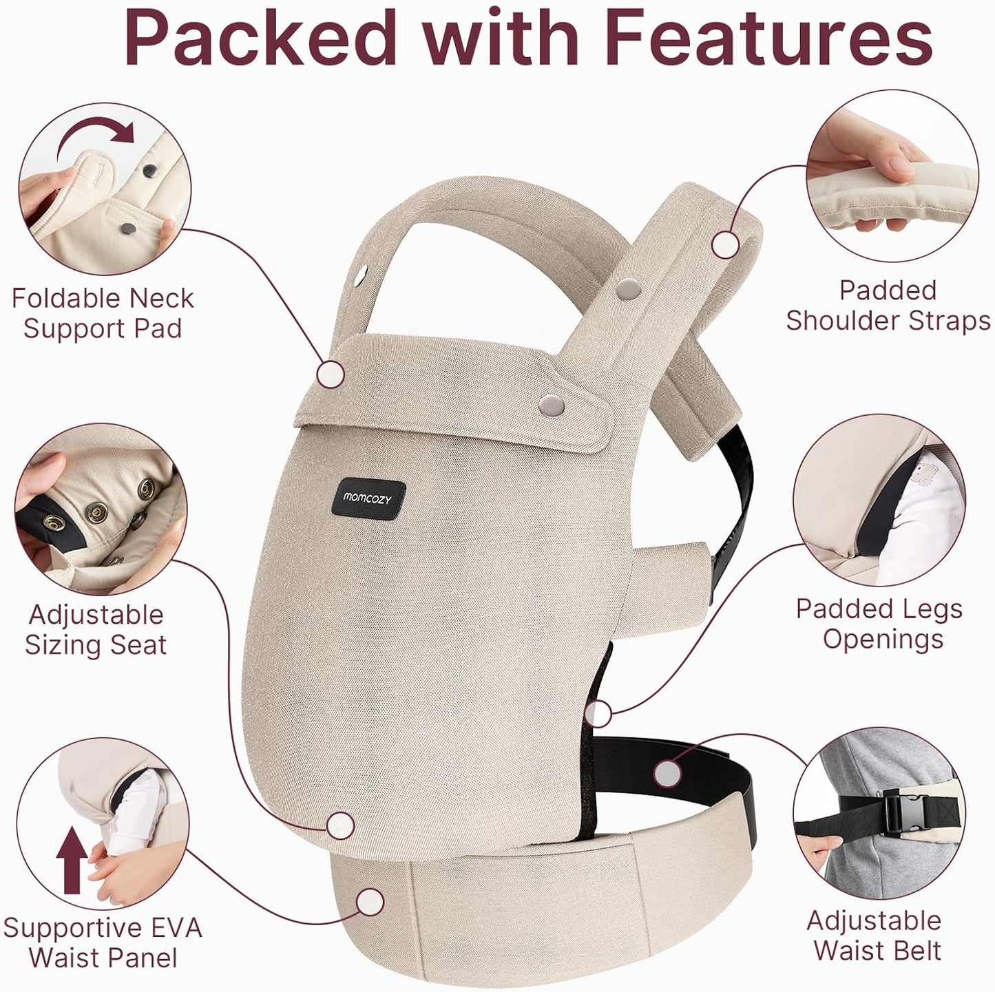 Momcozy Canguru para Bebê PureHug, 100% Algodão, para Bebês de 3 a 24 Meses, Fácil de Vestir, Ideal para Pais com as Mãos Livres, Suporte Lombar Reforçado, Cáqui