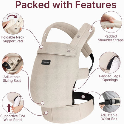 Momcozy Canguru para Bebê PureHug, 100% Algodão, para Bebês de 3 a 24 Meses, Fácil de Vestir, Ideal para Pais com as Mãos Livres, Suporte Lombar Reforçado, Cáqui