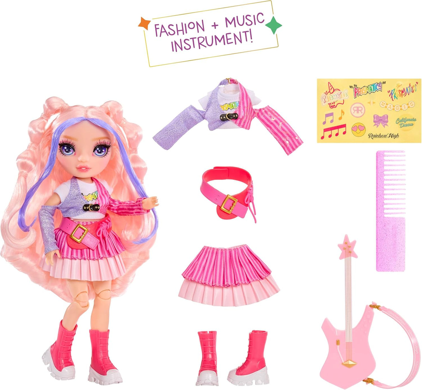 Rainbow High Junior High Rock Band - Bella, Rosa - Boneca Fashion de 23cm com Baixo, Personalizável com Adesivos, Articulada, Brinquedo Fofo para Crianças a partir de 4 Anos