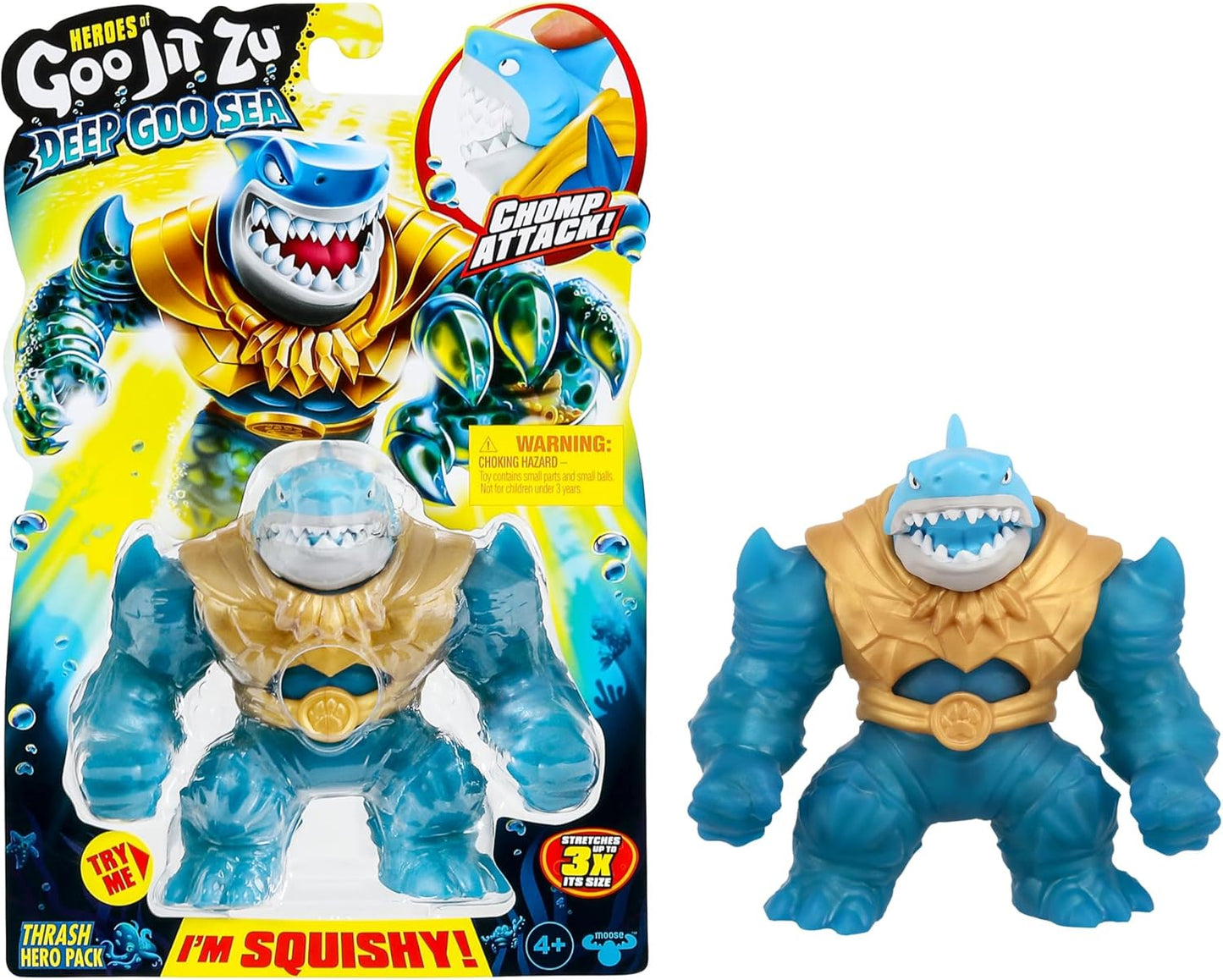 Heróis de Goo Jit Zu Deep Goo Sea Thrash Hero Pack. Brinquedo super macio e cheio de gosma. Com função de ataque de mordida. Estique-o até 3 vezes o seu tamanho!