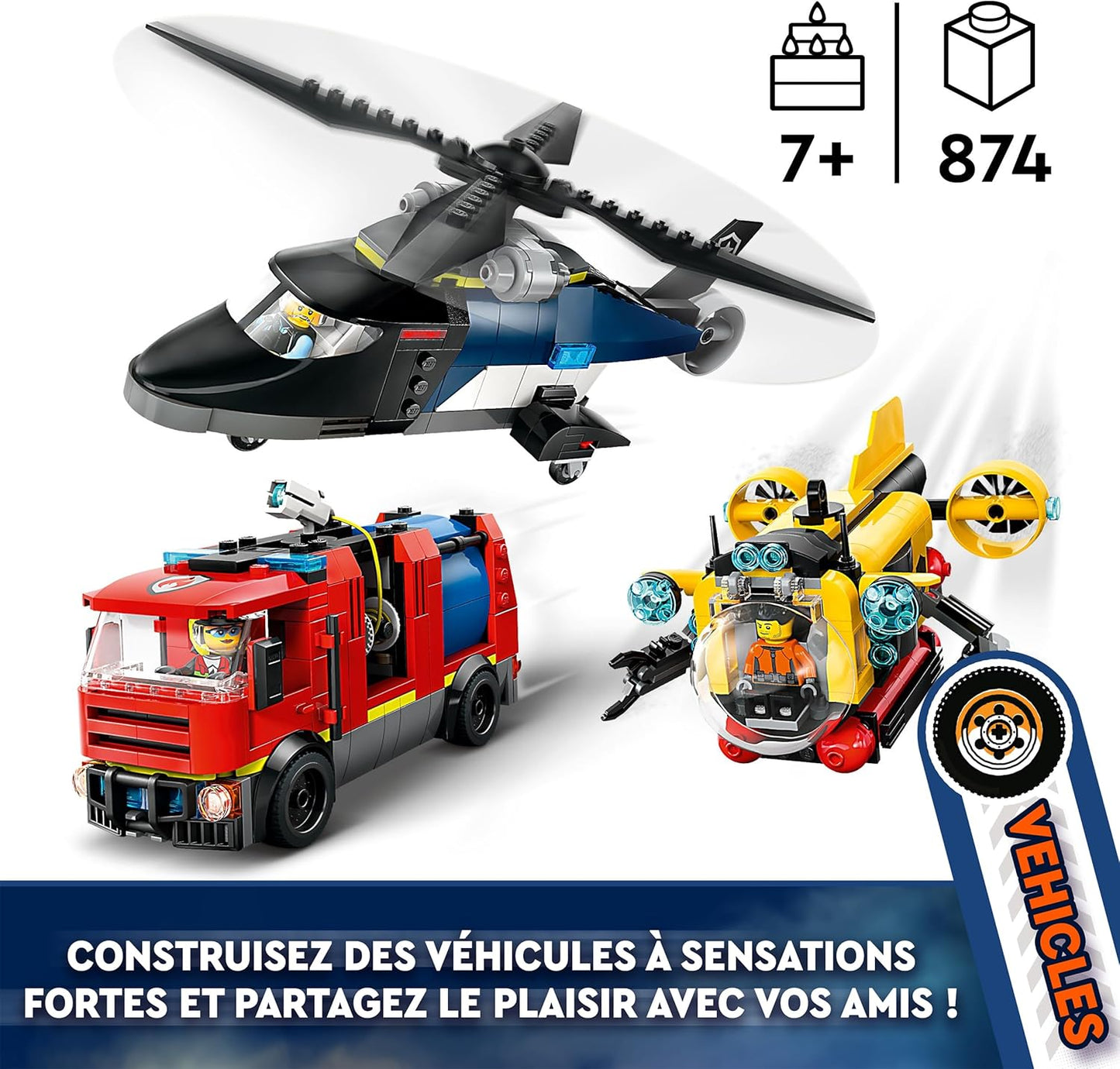 LEGO City 3 em 1 helicóptero, caminhão de bombeiros e brinquedo remix de submarino com 3 minifiguras - veículos de brinquedo montáveis para meninos e meninas com mais de 7 anos - ideias de presentes para aniversários