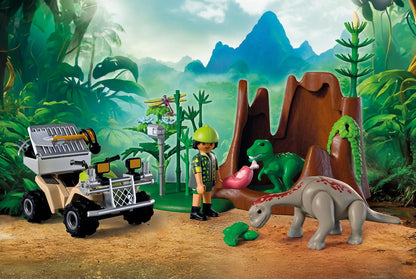Playmobil Dinos – Esconderijo dos Dinossauros, Explorador com Quadriciclo, Filhote de T-Rex e Filhote de Braquiossauro, Brinquedo para crianças a partir de 4 anos, 72069
