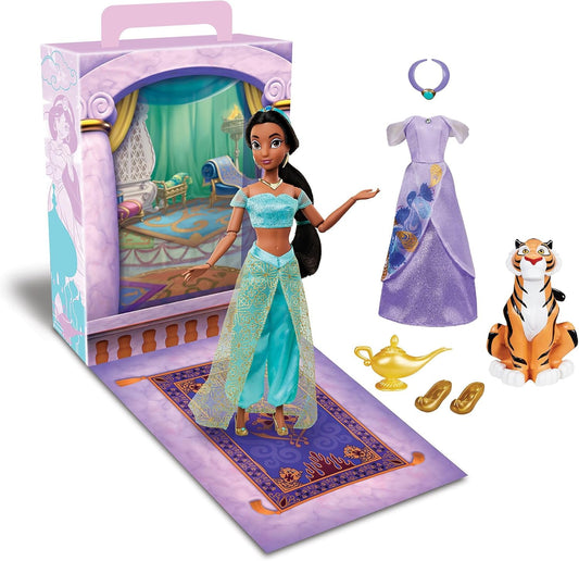 Disney Store Oficial Jasmine Disney Story Boneca para Crianças, Aladdin, 28cm/11”, Com Rajah, 2 Roupas, Acessórios, Colorir e Pacote de Atividades e Caixa que se Dobra para um Palco de Brincar