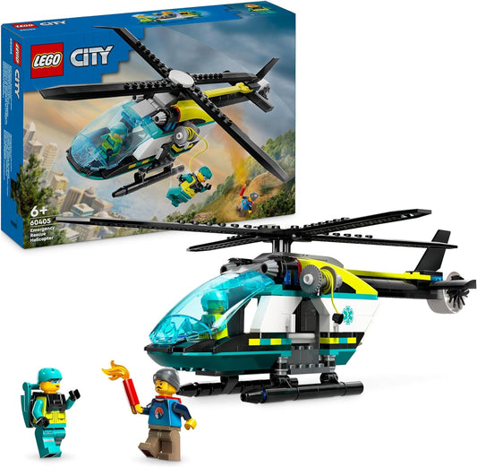 LEGO Brinquedo de helicóptero de resgate de emergência urbano para meninos e meninas de 6 anos ou mais, conjunto de construção de veículos com guincho, rotores giratórios e 3 minifiguras para brincadeiras imaginativas, presente de aniversário