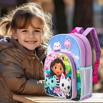 Gabby's Dollhouse Mochila infantil premium para escola, viagem e para meninos e meninas, com bolso lateral em tela e bolso frontal com zíper.