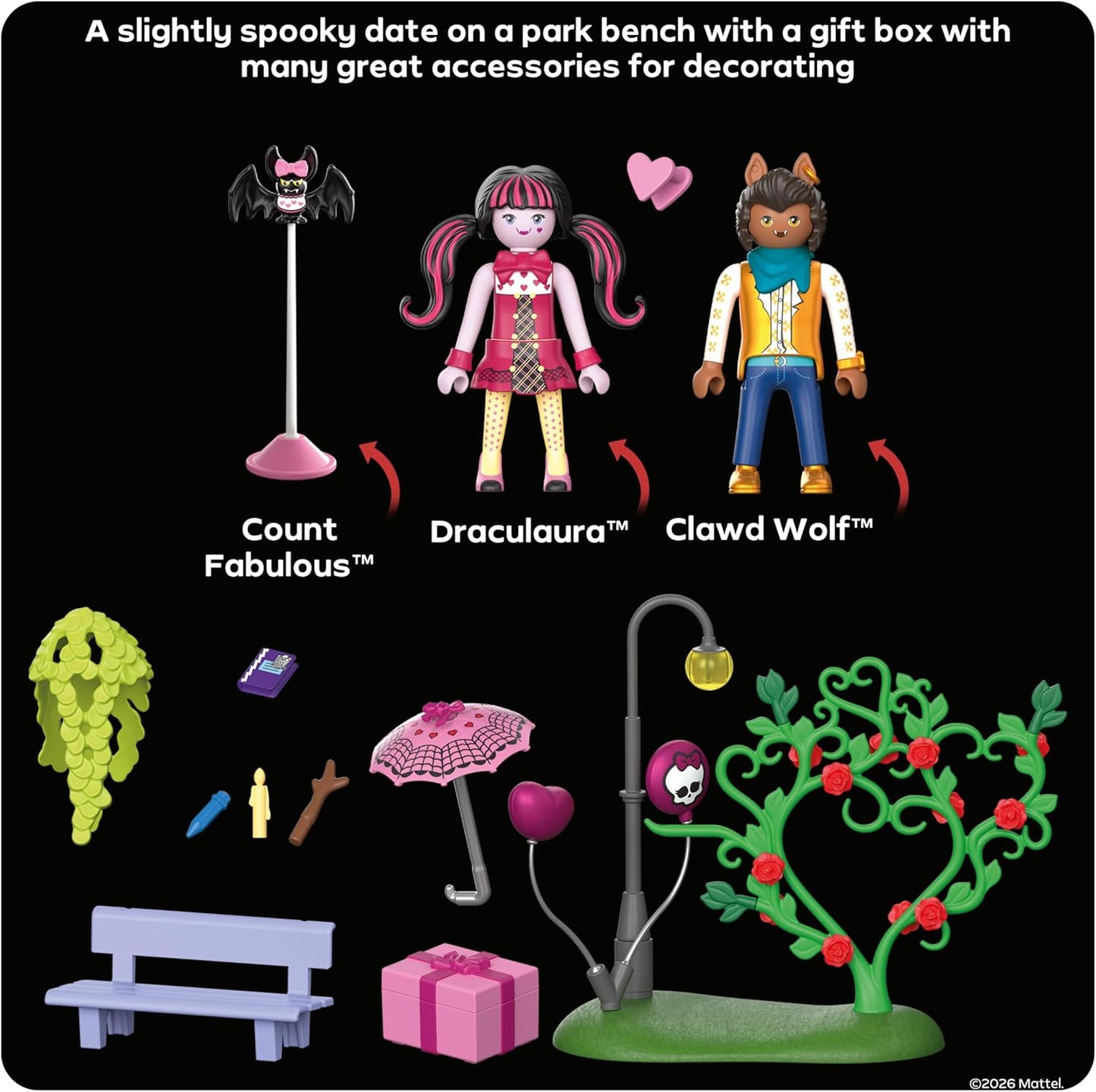 Playmobil Monster High – Encontro de Dia dos Namorados: Draculaura e Clawd com Banco de Parque e Acessórios – Brinquedo Infantil para Maiores de 5 Anos (72043)