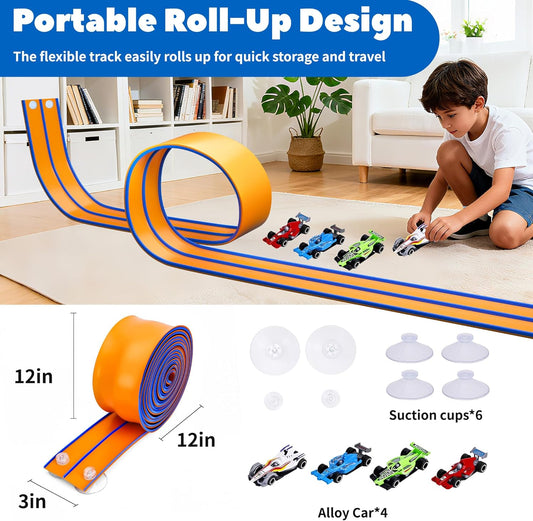 Pista de corrida flexível de 4,5 m para crianças, pista dupla face, compatível com carros de metal fundido na escala 1:64, brinquedo portátil de pista enrolável para meninos de 3 a 8 anos (laranja e azul)
