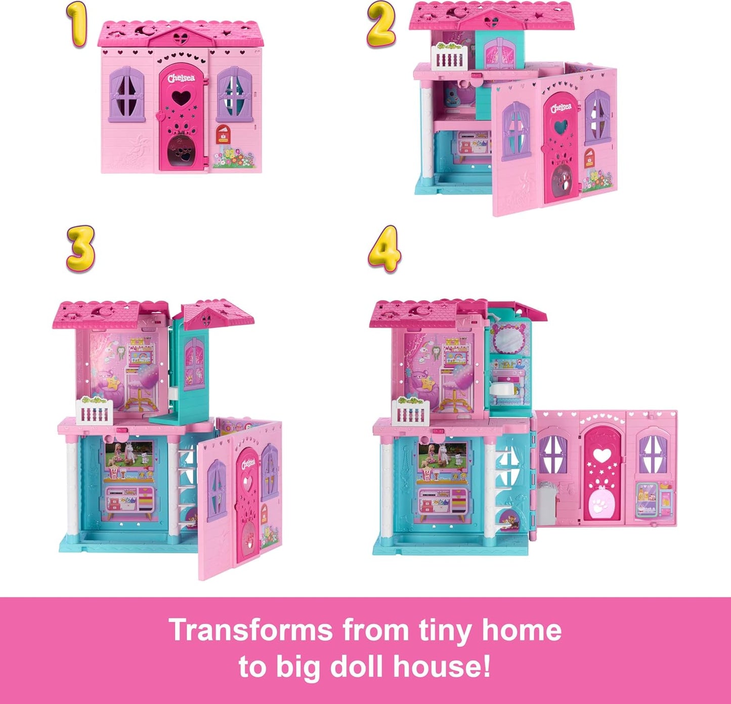 Barbie Casa de bonecas Chelsea com mais de 15 acessórios, casa pop-up que se expande para mais de 43 x 33 cm com 5 áreas de brincar e escorregador, inclui boneca pequena e cachorrinho de estimação, JFW49