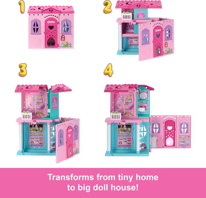 Barbie Casa de bonecas Chelsea com mais de 15 acessórios, casa pop-up que se expande para mais de 43 x 33 cm com 5 áreas de brincar e escorregador, inclui boneca pequena e cachorrinho de estimação, JFW49