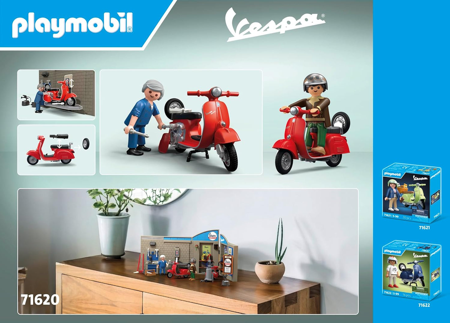 Playmobil Carros 71620: Garagem Vespa dos anos 60, incluindo plataforma elevatória móvel, com acessórios versáteis para uma oficina autêntica, para entusiastas de veículos, crianças e adultos