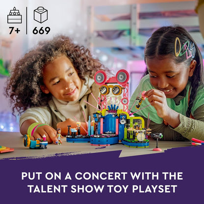 LEGO Conjunto de show de talentos musicais Friends Heartlake City, brinquedos musicais para meninas, meninos e crianças com mais de 7 anos, com instrumentos de guitarra e teclado, 4 personagens Inc. Andrea, presente de brinquedo de construção