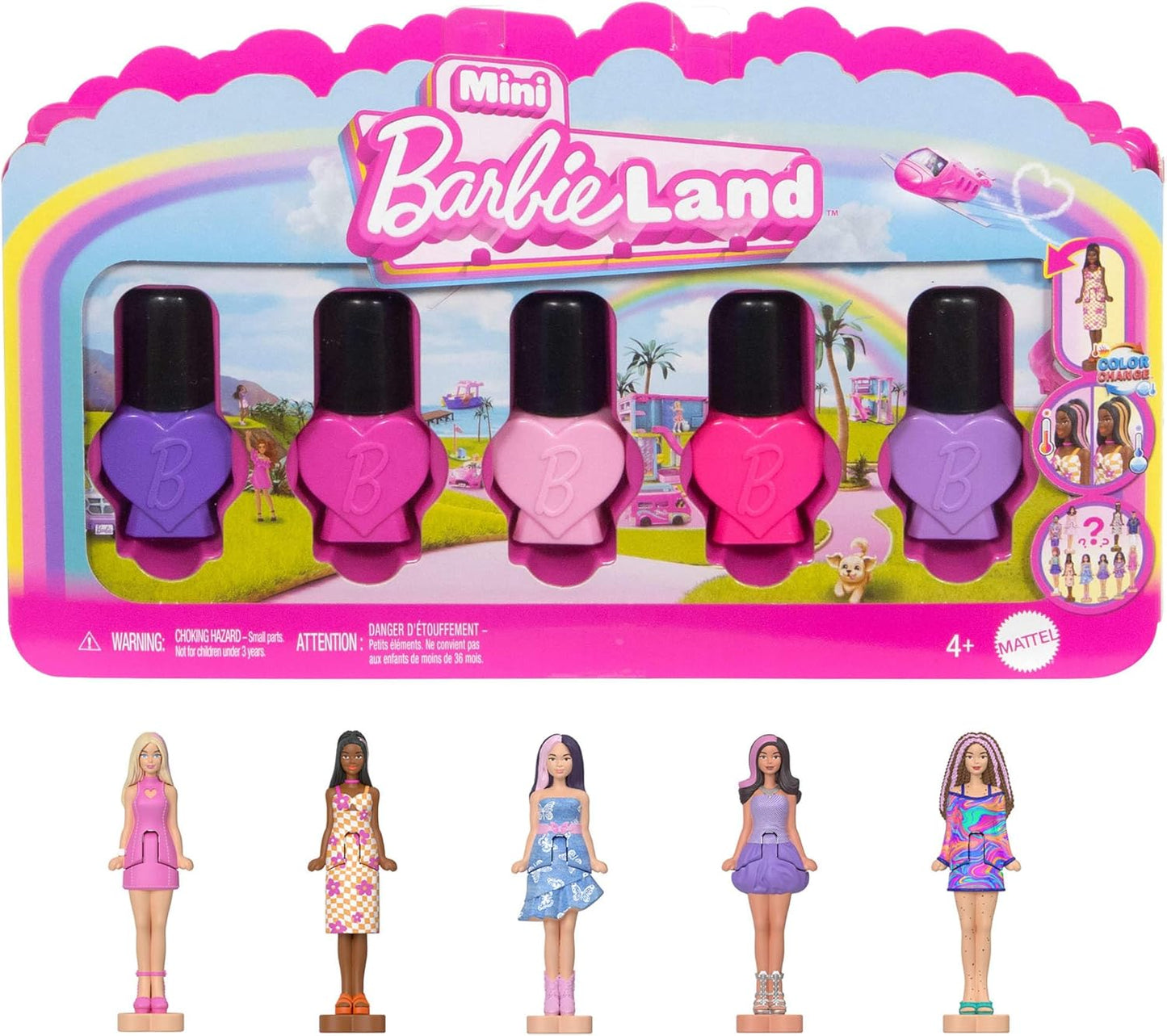 Barbie Mini Barbie Land Pacote com 5 Bonecas Fashionistas, Mini Bonecas de 3,8 cm em Potes de Esmalte, Coleção Instantânea com Revelações Surpresa (Estilos Podem Variar), JGL28