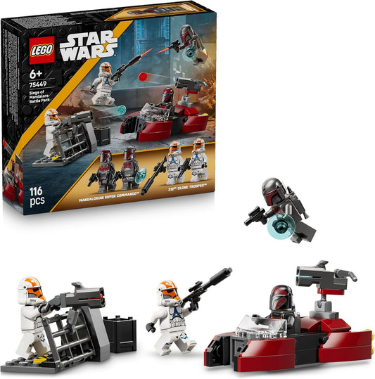 LEGO Star Wars 75449 Pacote de Batalha Cerco de Mandalore - Brinquedo de ação com 2 minifiguras de Mandalorianos e 2 de Soldados Clones, além de uma Speeder Bike e Blasters - Presente para meninos e fãs a partir de 6 anos