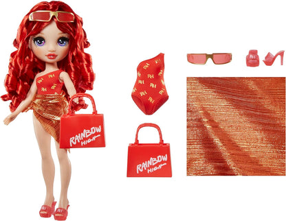 Rainbow High Swim & Style – Ruby (vermelho) – Boneca de 28 cm com envoltório cintilante para estilizar mais de 10 maneiras – Maiô removível, sandálias, acessórios divertidos para brincar – Brinquedo infantil – Ótimo para idades de 4 a 12 anos