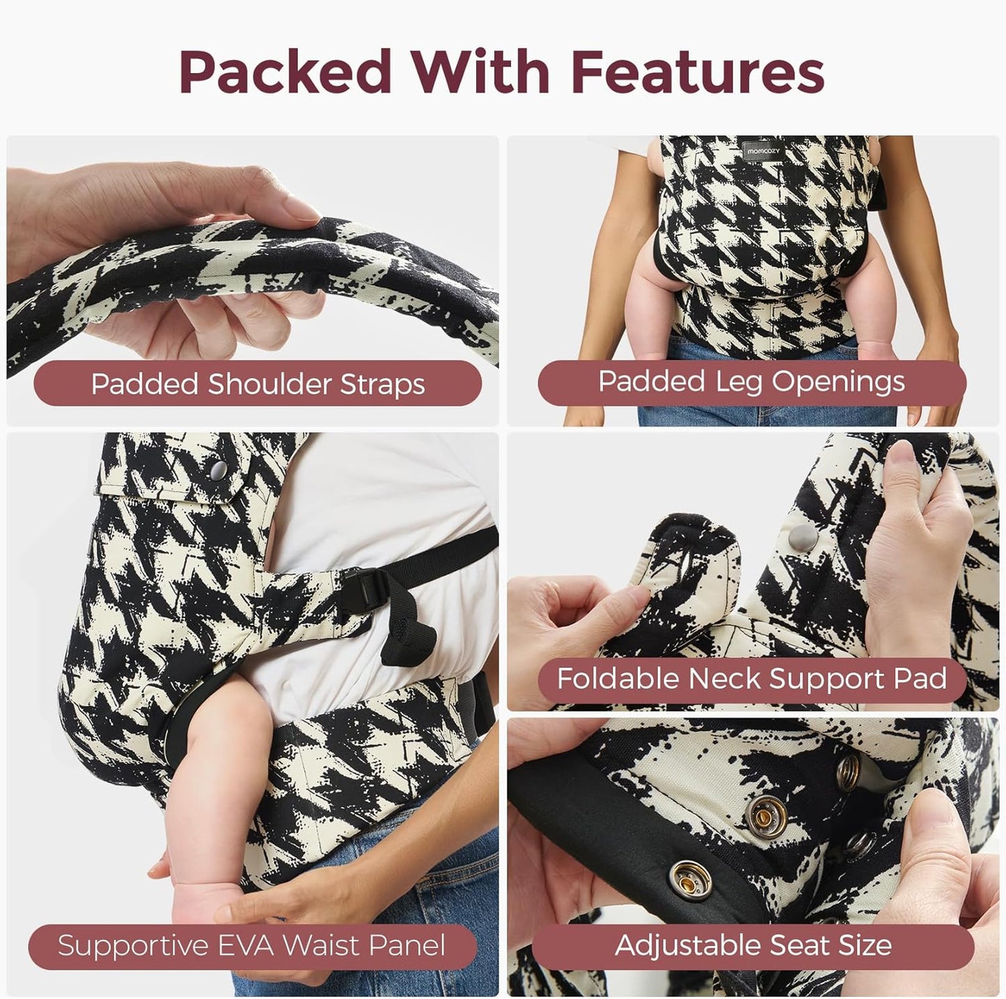 Momcozy Canguru - Canguru ergonômico, confortável e leve para bebês de 3 a 24 meses, fácil de colocar, ideal para pais com as mãos livres, suporte lombar reforçado, estampa pied-de-poule