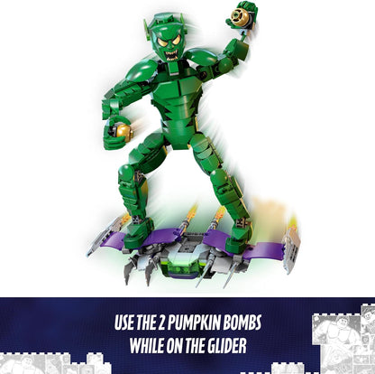 LEGO Marvel's Figura de construcción del Duende Verde, juguete de construcción de supervillano articulado para niños, niños y niñas a partir de 8 años, con planeador y bombas de calabaza, idea de regalo de superhéroe 76284
