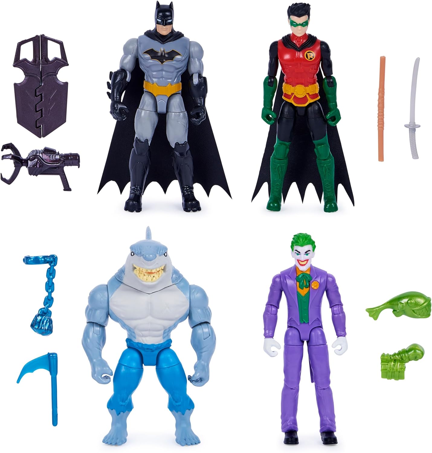 DC Comics, Batman e Robin vs. The Joker e King Shark, bonecos de ação de 4 polegadas, brinquedos infantis para meninos e meninas de 3 anos ou mais