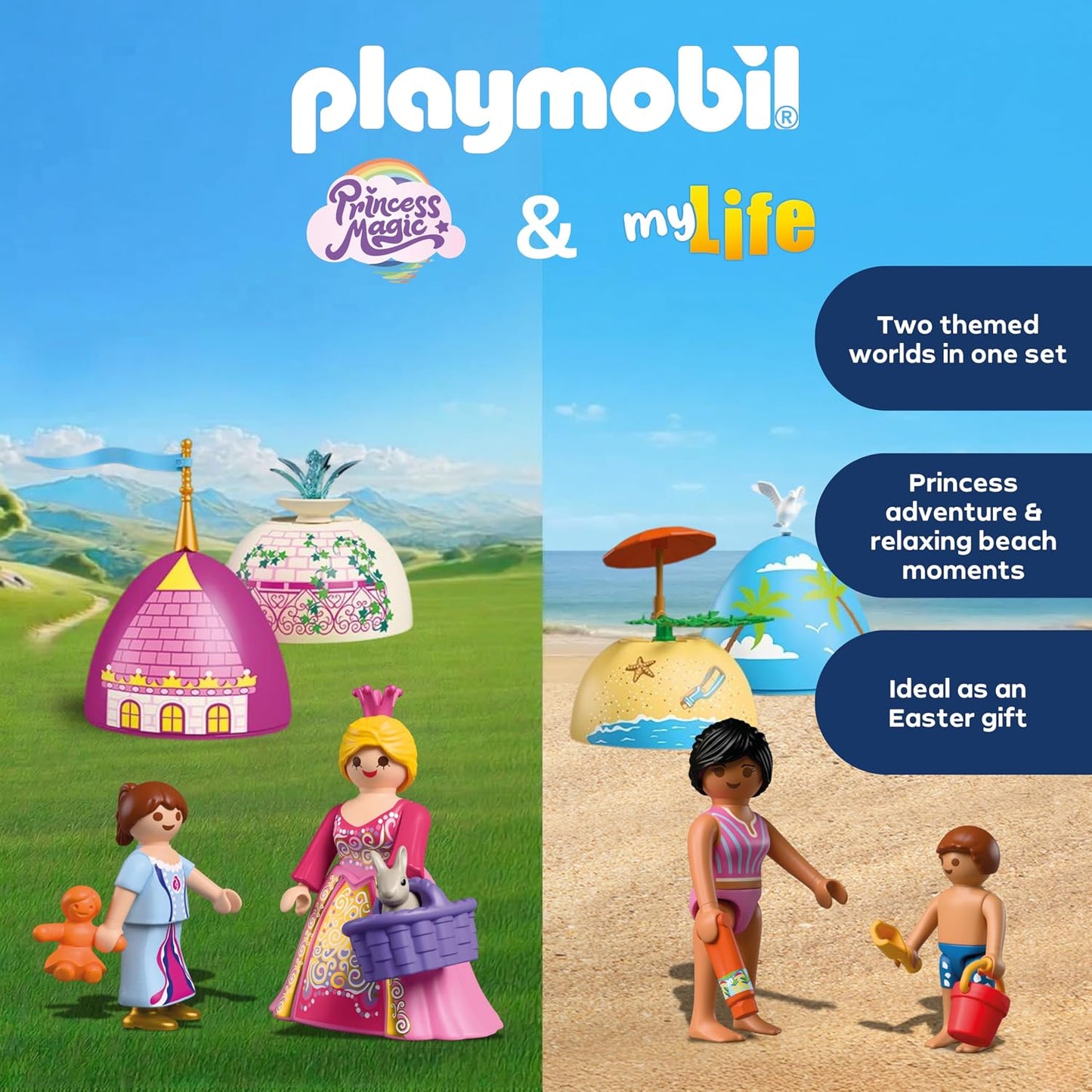 Playmobil Conjunto Play Egg Princesa e Praia | 2 Ovos Surpresa com Bonecos e Acessórios | Mini Mundos para Montar | Reutilizável como Cofre | Presente de Páscoa para Crianças a partir de 4 Anos | 210448