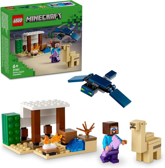 LEGO Brinquedos de construção da expedição ao deserto de Minecraft Steve para crianças, meninos e meninas com mais de 6 anos, conjunto de jogos de bioma com casa, animais de brinquedo e figuras, presente para jogadores 21251