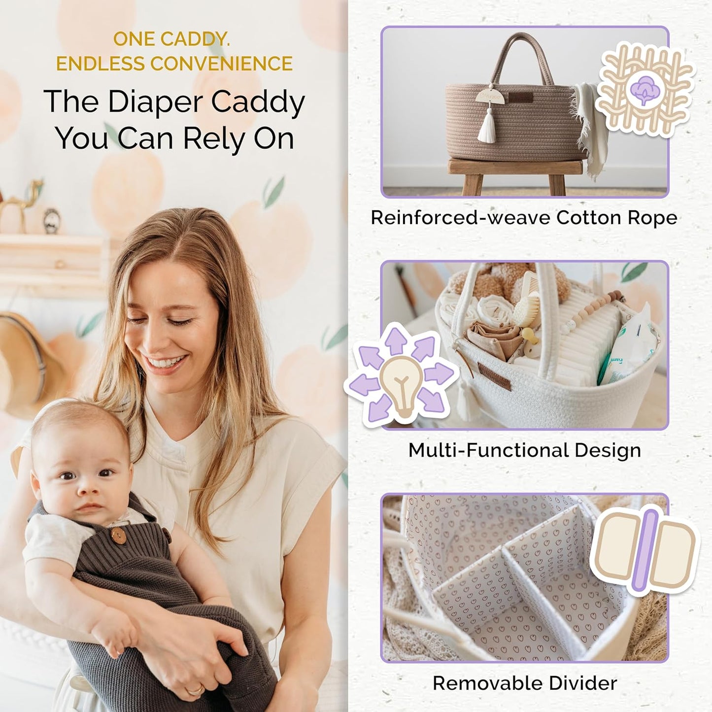 Organizador de fraldas Yunioo, carrinho de bebê, bolsa portátil para troca de fraldas, cesto de armazenamento para berçário com alças resistentes, divisórias removíveis, ideal para presentes de chá de bebê e itens essenciais para recém-nascidos