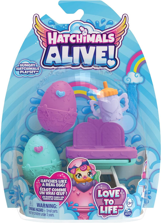 HATCHIMALS Juego de juguetes Alive, Hungry con trona y 2 minifiguras en huevos que eclosionan solos, juguetes para niñas y niños a partir de 3 años